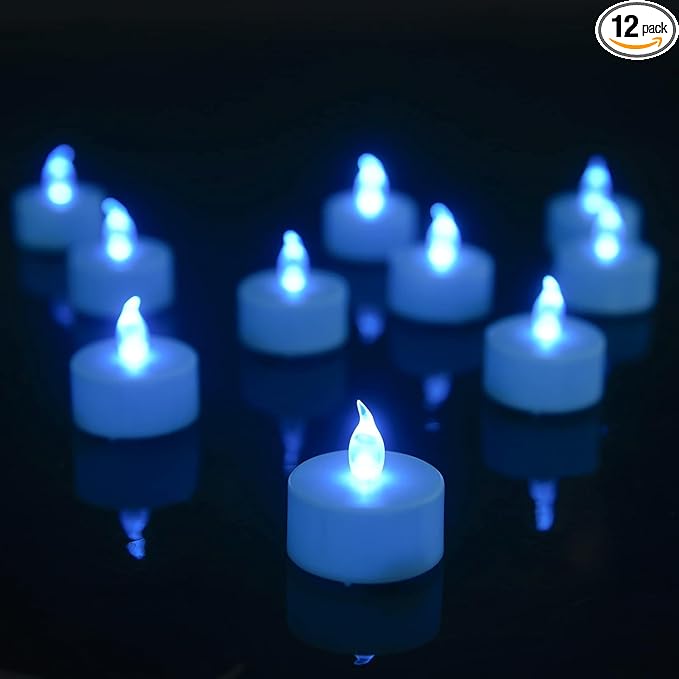 LED Tea Lights Candles- 12PACK Blue Flameless Candles Realistic and Bright Flickering Long Lasting 200Hours for Holiday Celebration,Party, Home Decoration,Battery Operated