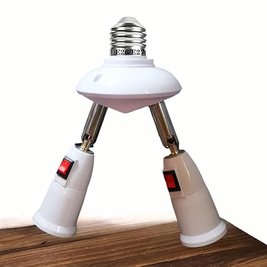 2-in-1 Light Socket Extender, E26/E27 to 2 Bulb Adapter with Adjustable Arms, 360° Rotatable for Ceiling Fan/Lamp Holder, UL Listed, Extension Splitter with Power Switch(White)
