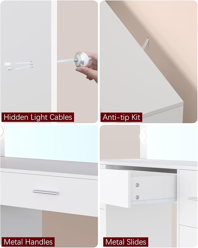 Irontar Vanity Table, Makeup Desk with Lighted Mirror, Dressing Desk with Drawers and Adjustable Brightness, 3 Color Lighting Modes, Vanity Desk for Women(White)