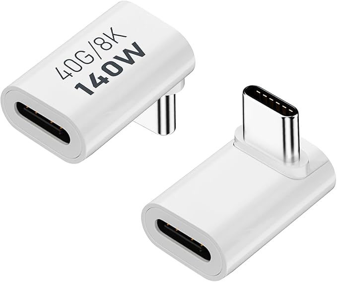 AreMe 90 Degree USB-C Male to Female Adapter, 2 Pack Right Angle 140W Type-C Adapter Extender for Steam Deck, ROG Ally, Switch, Notebook Computers, Tablet and Mobile Phones (White,19.2*12.8*8.2MM)