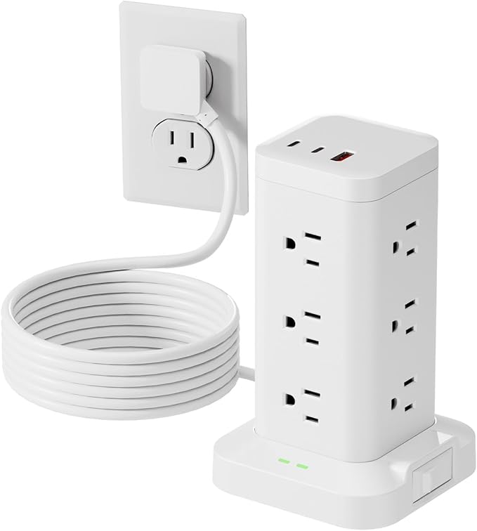 Power Strip Tower with Surge Protector 1800J, Fast Charging Tower PD20W USB-C Ports with 12 AC Outlets, 6ft Extension Cord for Home Office Dorm Room, White