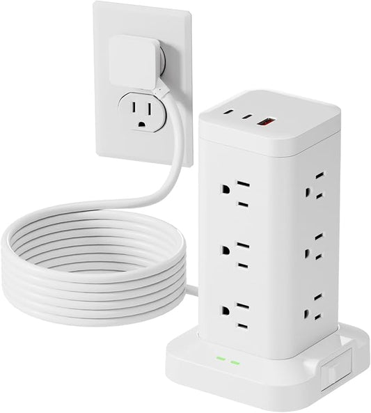 Power Strip Tower with Surge Protector 1800J, Fast Charging Tower PD20W USB-C Ports with 12 AC Outlets, 6ft Extension Cord for Home Office Dorm Room, White