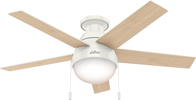 Hunter 46 inch Indoor Ceiling Fan with LED Light - White Ceiling Fan with Pull Chain, For Bedroom, Living Room, or Kitchen, Low Profile Mount, No Remote, 5 Blades - Anslee 59269, Fresh White
