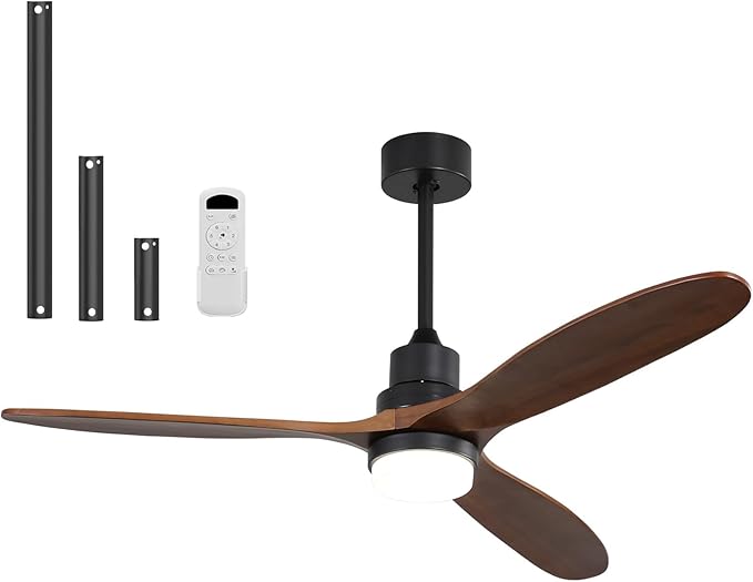 Sofucor 60 Inch Ceiling Fans with Lights, Walnut Solid Wood Ceiling Fan with Light Remote Control, Indoor/Outdoor Ceiling Fan with Reversible DC Motor, 3 Blade Fan Light for Bedroom Patio Farmhouse