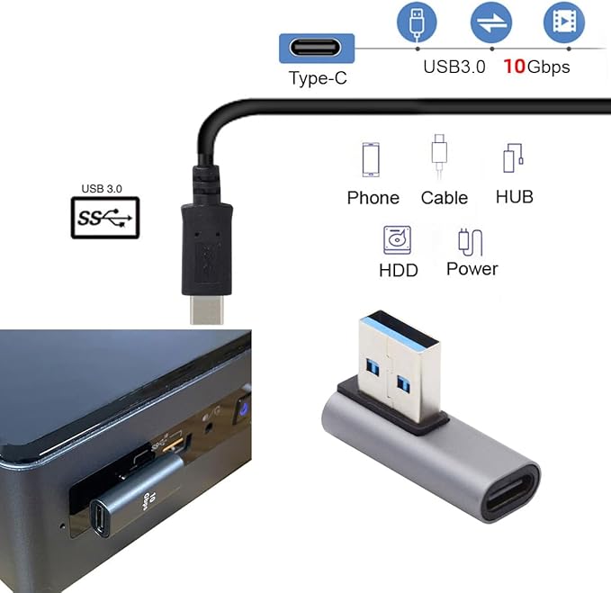 CY USB-C Type C Female Low Profile 90 Degree Left Angled to USB 3.0 A Male Data Adapter for Laptop Desktop