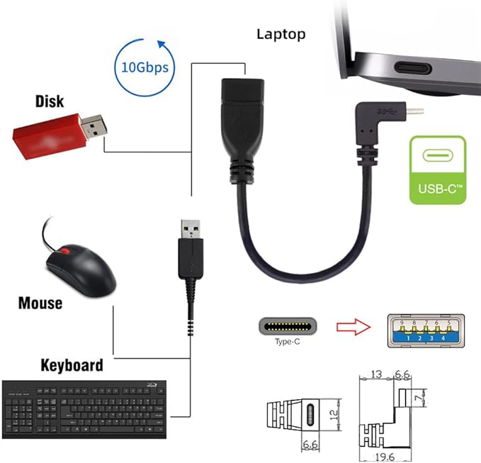 xiwai 90 Degree USB-C Type-C USB 3.1 Male to USB 3.0-A Female Adapter 10Gbps OTG Data Power Cable 20cm Up Down Angled