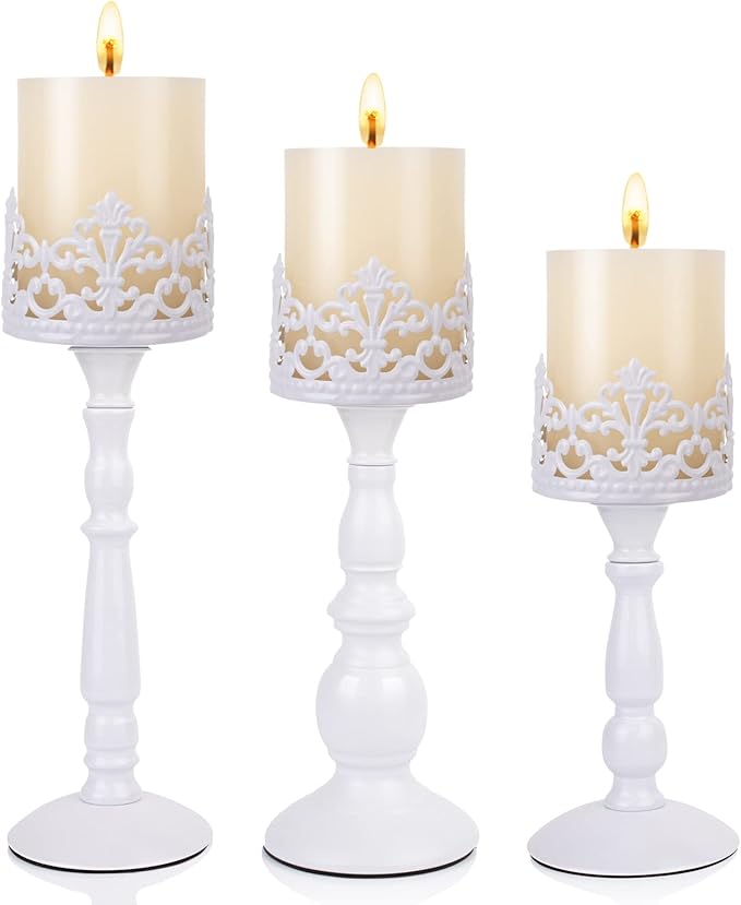 Candle Holders for Pillar Candles Set of 3 White Vintage Tall Candle Holders Decorative Large Table Centerpieces Candle Stand Decor