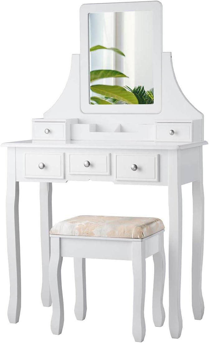 CHARMAID Makeup Vanity Set with Mirror and Cushioned Stool, Dressing Table with 5 Drawers and Removable Storage Organizers, Bedroom Makeup Table with Stool for Women Girls (White)