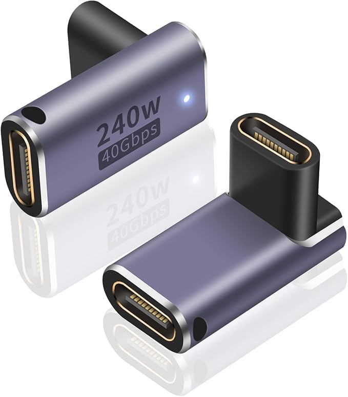 USB C 90 degree, Right Angle Adapter, Female to Female Adapter 240W PD, 40Gbps and 8K video]supports Thunderbolt 4/3 cable for laptops, tablets and phones (2 packs) (240w Up angle usb c adapter)