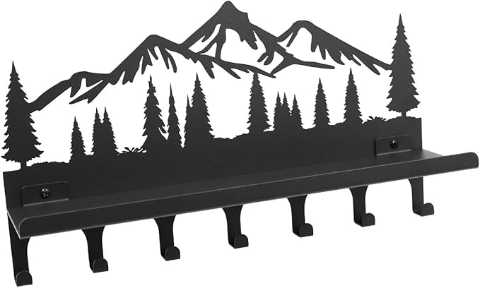 Wall Mounted Mountain Key & Mail Holder with Shelf | Metal Key Organizer with 2 in 1 Key Hooks for Entryway, Hallway, Office
