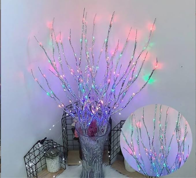 DK177 2 Pack Led Branch Light Battery Operated Lighted Branch Vase Filler Willow Tree Artificial Little Twig Power Sliver 30 Inch 20 LED for Home Romantic Decoration (Sliver-Color)
