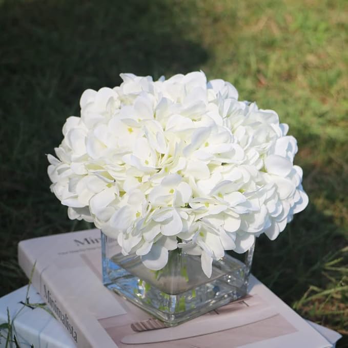 Silk Hydrangea Artificial Flowers in Vase with Faux Water, Silk Flower Arrangements in Vase for Wedding, Dining Table, Living Room (Cream White)