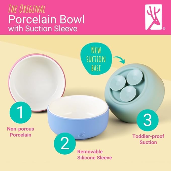 Elk and Friends Kids Porcelain Bowls with Silicone Suction Sleeve | Kids/Toddler/Baby Feeding | Microwave & Dishwasher Safe | Non slip | Cereal/Soup/Snack Dishes & Dinnerware