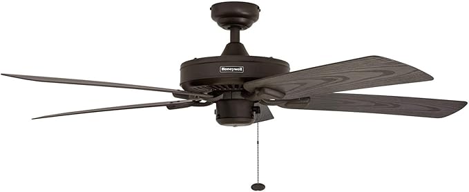 Honeywell Ceiling Fans Belmar 52 Inch Ceiling Fan Without Light, Outdoor Ceiling Fan with Pull Chain, Tri-Mount Traditional 5 Blade Design, ETL Wet Rated, Bronze (50199-01)