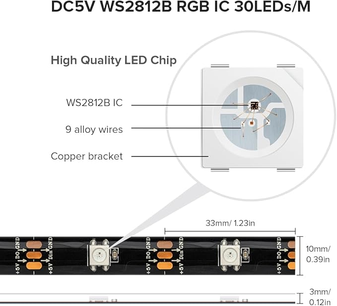 SEZO WS2812B LED Strip Light 16.4FT 30Pixel/M 150LEDs DC5V Individual Addressable LED Strip SMD5050 RGB Dream Color Programmable LED Light Strip Flexible IP65 Waterproof Black PCB
