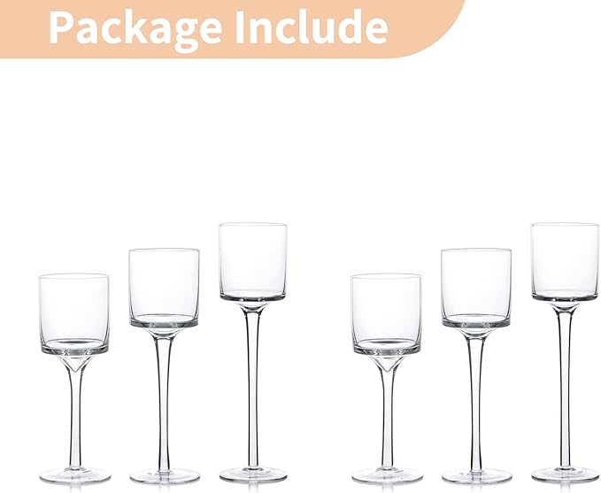 NUPTIO Glass Tealight Candle Holders: Set of 6 Tall Candle Stands for Dinner Table Centerpiece - Stemmed Candleholders for Pillar Floating Candles