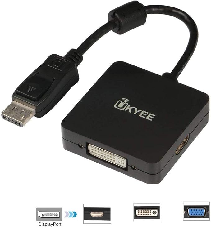 DisplayPort to HDMI VGA DVI Adapter, 3-in-1 Converter, 1080P@60Hz, Male to Female, Black
