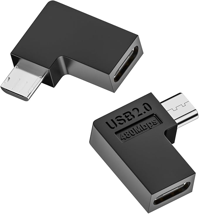 QIANRENON 90 Angle USB C to Micro USB Adapter - 10W (5V2A) 480Mbps, Left Angle Connector Plug, for Phone, Camera, MP3, MP4 - 2Pcs (Left Bend)