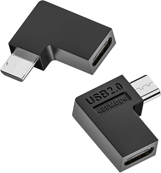 QIANRENON 90 Angle USB C to Micro USB Adapter - 10W (5V2A) 480Mbps, Left Angle Connector Plug, for Phone, Camera, MP3, MP4 - 2Pcs (Left Bend)