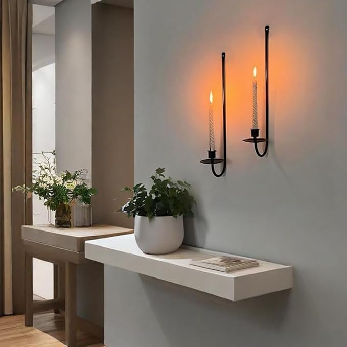 Wall Candle Holder Set of 2, Modern Candle Sconces Wall Mount Metal Holders Hanging Candle Pillar Holder for Living Room, Wedding, Farmhouse, Fireplace, Matte Black