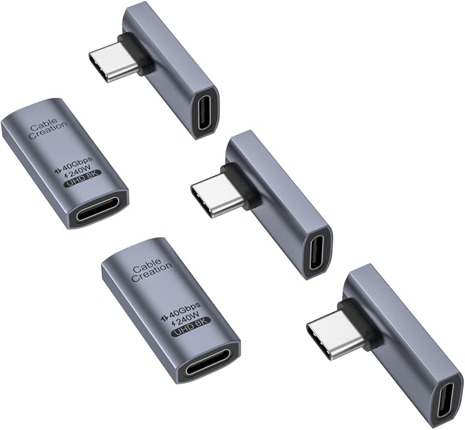 CableCreation 90 Degree USB C Adapter 5 Pack, Right Angle USB C Male to Female Adapter 40Gbps 240W Compatible with Steam Deck, ROG Ally, Switch, Notebook, PC, Tablet, Phone and More, Middle Angle