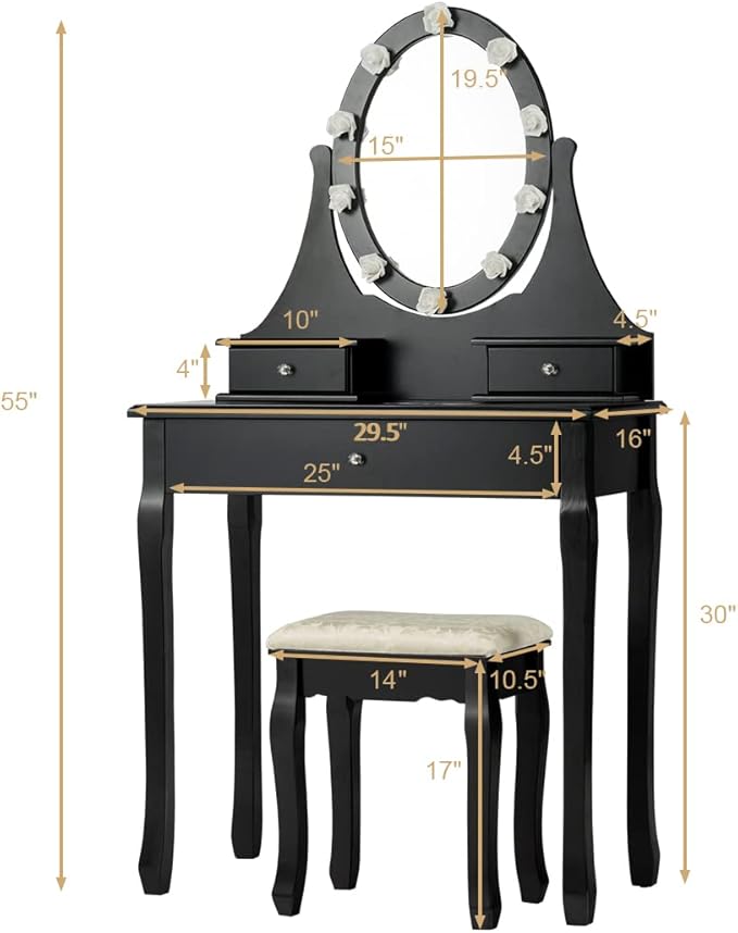 Giantex Vanity Set with Lighted Mirror, Makeup Table with 10 Rose Light, Modern Dressing Desk with Cushioned Stool, 3 Drawers and 360° Rotating Mirror for Bedroom, Vanity Table with Stool (Black)