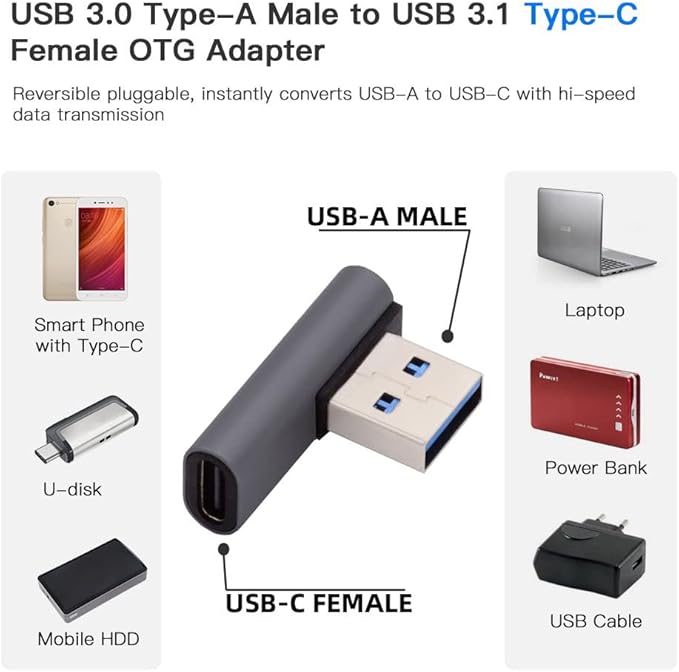 NFHK USB-C Type C Female Low Profile 90 Degree Left Angled to USB 3.0 A Male Data Adapter for Laptop Desktop
