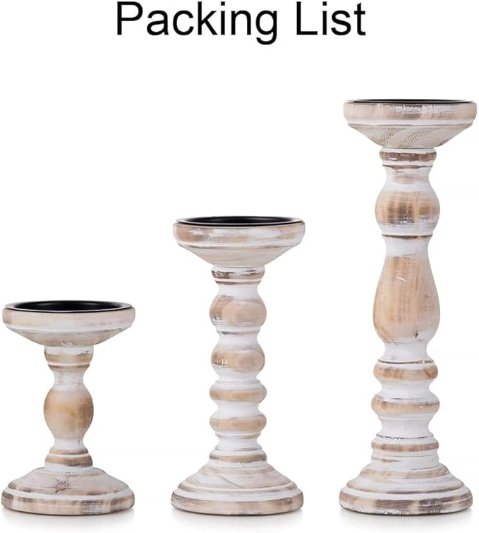 Wood Pillar Candle Holder: 3Pcs Rustic Candle Holders for Pillar Candles Wood Candle Holders Distressed Wooden Farmhouse Large Candle Holder for Fireplace Table (White, 6", 8", 12")