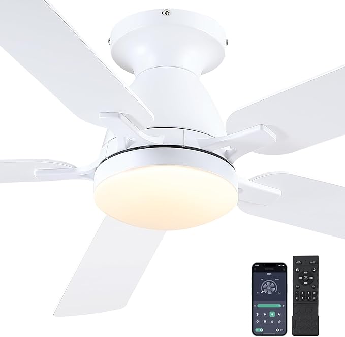 Ceiling Fans with Lights, 56" Flush Mount Ceiling Fan with Light and Remote/APP Control, Low Profile, Modern Ceiling Fan Reversible, Dimmable, Noiseless, White for Bedroom