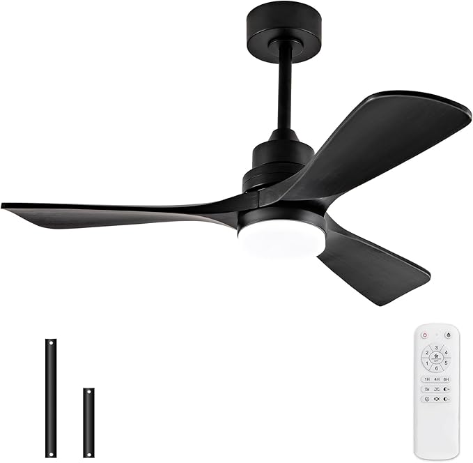 BOJUE 42 Inch Black Ceiling Fans with Lights and Remote,Dimmable LED Light,Quite Reversible DC Motor,Memory Function,Modern Solid Wood Indoor Outdoor Ceiling Fan with Light for Farmhouse Bedroom Patio
