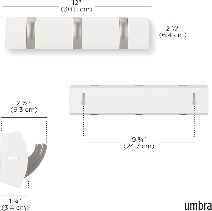 Umbra Flip Wall-Mounted Coat Rack Rail Hook for Hats, Jackets, Bags and More – Modern, Space-Saving Storage Organizer for Entryway, Mudroom, Closet, Bathroom, Bedroom, Kids Room, or Nursery, 3 Hooks,