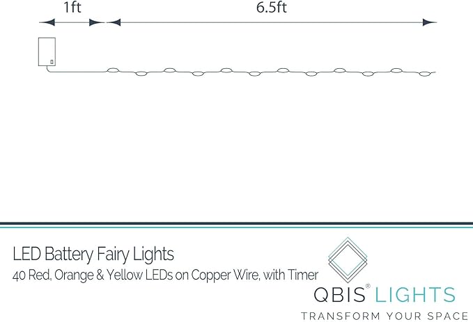QBIS Battery Powered Fairy Lights for Halloween Decorations, 40 LEDs, Red, Orange, Yellow Battery Operated String Lights for Christmas, 6hr Timer Mode, Party, Bedroom, Dorm Lighting - 2 Pack