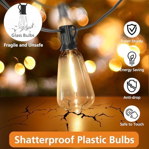 Brightever 3 Color in 1 LED Outdoor String Lights with Remote, 100FT Edison Hanging String Lights for Outside Dimmable, Outdoor Lighting for Patio Café Bistro with 52 ST38 LED Bulbs, 2700K/4000K/5000K
