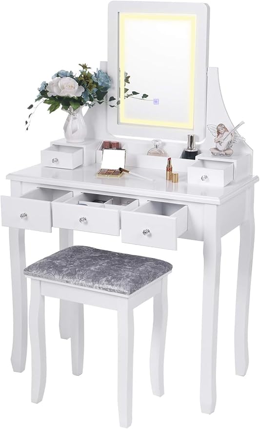 BEWISHOME Vanity Desk, Girls Vanity Set with Mirror and Lights,Small Makeup Vanity Table with 5 Drawer & Stool,Dressing Table with 3 Colors Lighting Adjustable Brightness for Girls White FST07W