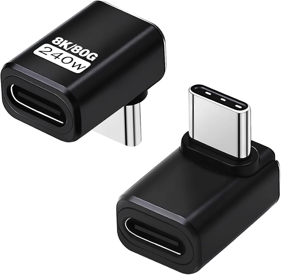 Duttek USB C 90 Degree Adapter [240W 80Gbps 8K@60Hz], 90 Degree USB C Adapter Compatible with Thunderbolt 5 Cable, Type-C Extender for Steam Deck, MacBook, Smart Tablet & Phone 2 Pack