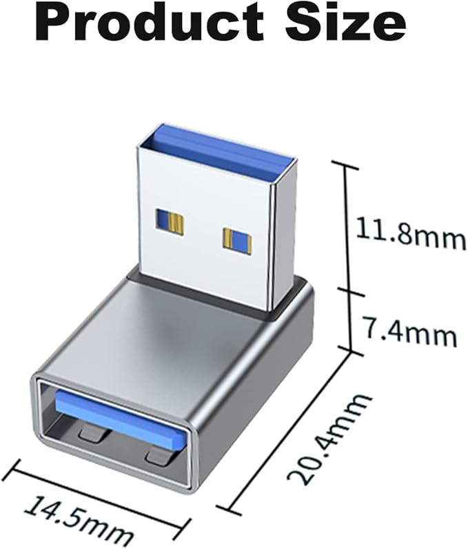 AreMe 90 Degree USB 3.0 Adapter 2 Pack, Upward Angle USB A Male to Female Converter Extender for PC, Laptop, USB A Charger, Power Bank and More (Grey)