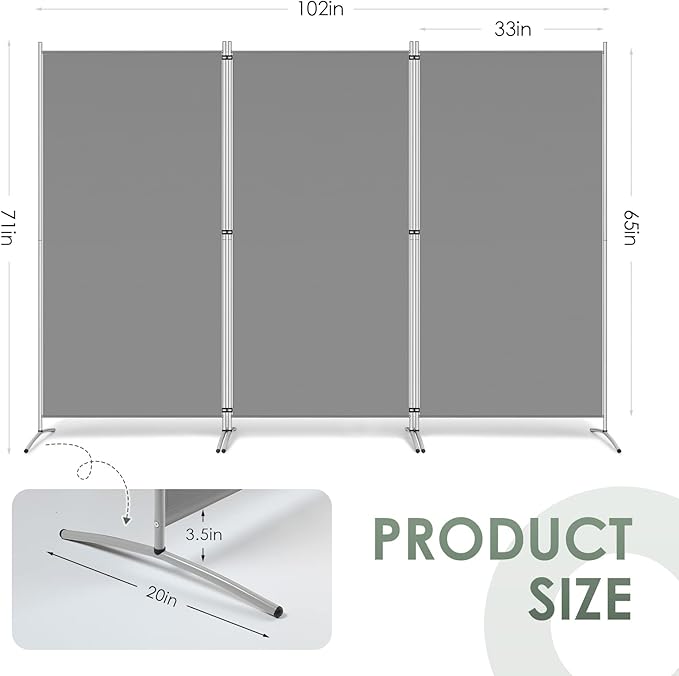 RANTILA 3 Panel Room Divider, 6 Ft Tall Folding Privacy Screen Freestanding Room Partition Wall Dividers, 102''W x 20''D x 71''H, Grey