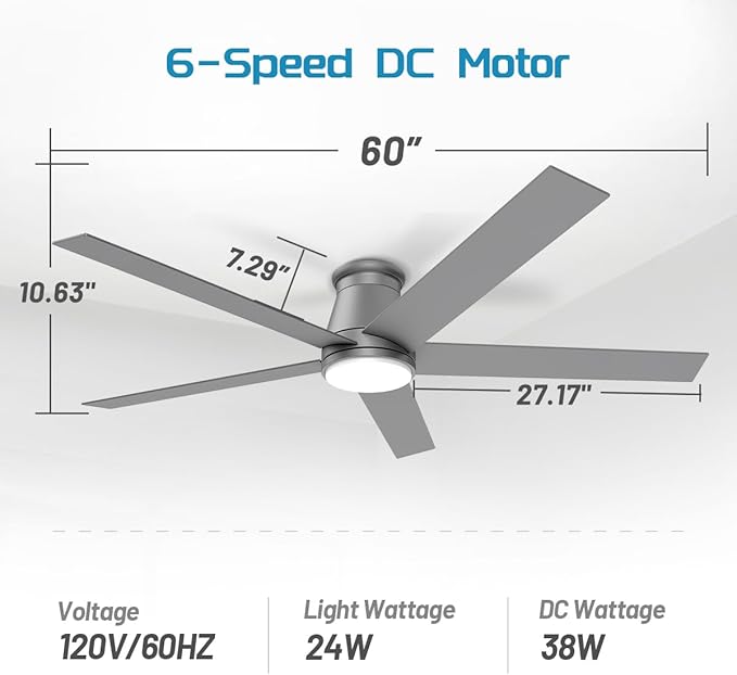 wurzee 60 Inch Flush Mount Ceiling Fan, Matte Silver Low Profile Fan Reversible DC Motors, Dimmable, Timer, Noiseless, Ceiling Fan for Indoor & Outdoor Bedrooms, Living Rooms