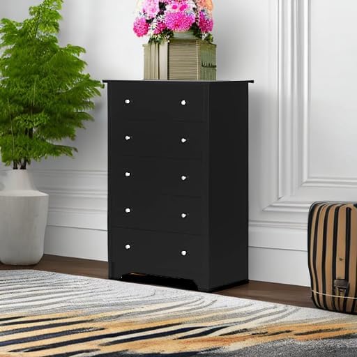 South Shore Vito Collection 5-Drawer Dresser, Black with Matte Nickel Handles, Pure Black