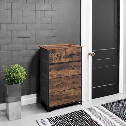 SONGMICS Drawer Dresser, Storage Dresser Tower with 5 Fabric Drawers, Wooden Front and Top, Industrial Style Dresser Unit, for Living Room, Hallway, Nursery, Brown and Black ULGS45H