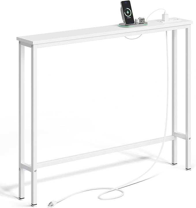 ELYKEN 5.9" Narrow Console Sofa Table with Power Outlets, 5.9" Dx39.4 Wx31.1 H Long Couch Table with Metal Frame and Charge Station with 6.5’ Extension Cord, White