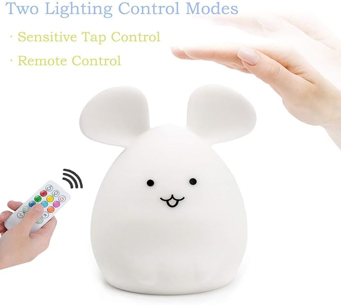 Mouse Night Light for Kids, Rechargeable LED Children Lamp, Soft Silicone (BPA Free) for Baby/Boys/Girls/Adults, Remote & Touch Control Adjustable Brightness and Colors, Indoors/Outdoors