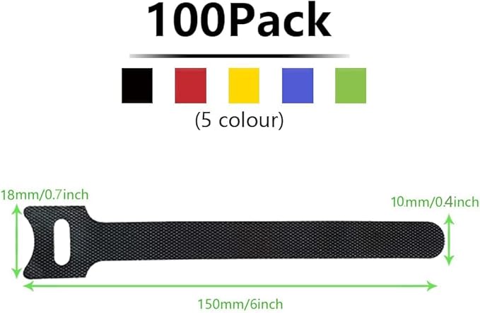 100 Pack 5 Color Reusable Cable Ties Multi Color Releasable Cable Straps Adjustable Hook and Loop Colorful Cable Wire Tidy for PC Cable Management