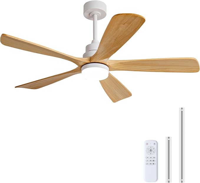 52 Inch Outdoor Ceiling Fans with Lights and Remote Control, Dimmable 5 Blade Wood Outdoor Ceiling Fans for Patios, White Natural Wood Bedroom Ceiling Fan with Lights, Noiseless DC Motor