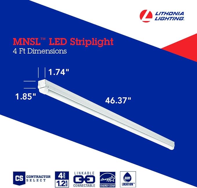 Lithonia Lighting 1 Light LED Strip Light, 4 Foot LED Ceiling Lighting Fixture, 2500 Lumens, 4000K, 80CRI, 20W, Kitchen and Garage Use (MNSL L46 1LL 120V 40K 80CRI M6)