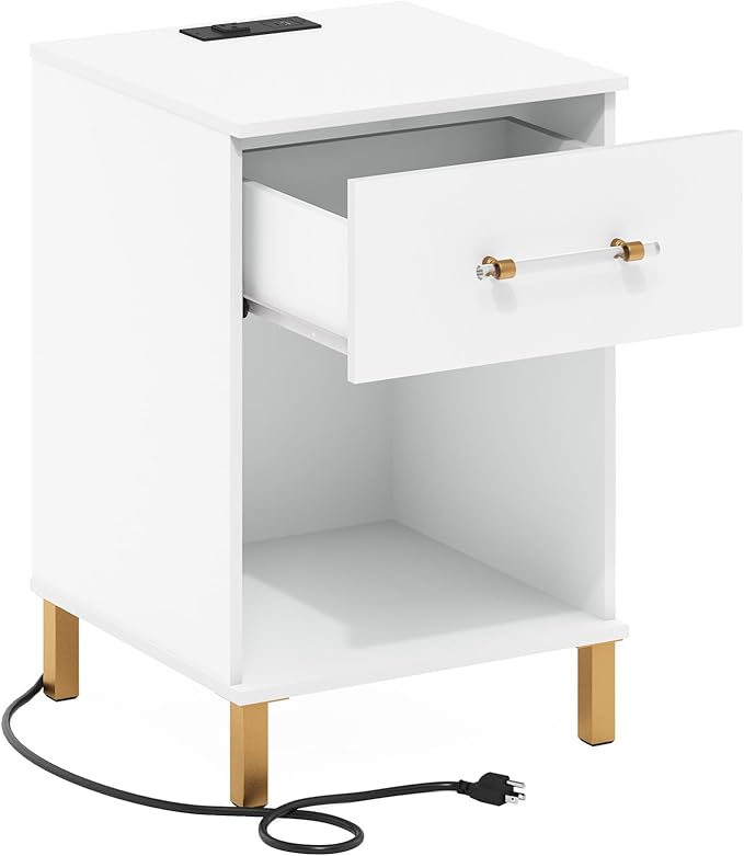 Furinno TIDUR Side Table, Drawer End Table with Charging Station, Night Stand, Bedside Table with USB and Type-C Charging Port, for Living Room, Bedroom, White