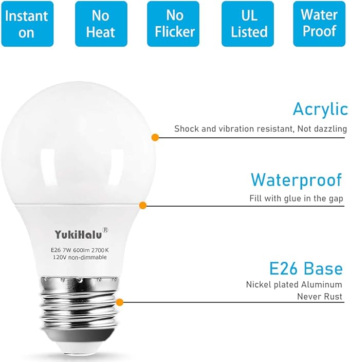YukiHalu, A15 Appliance Light Bulb, 60W Equivalent for Range Hood/Refrigerator Light Bulb/Ceiling Fan Light, 600 Lumens 7W 120V 2700k Soft White E26 Base, Waterproof, Not Dimmable, 2-Pack
