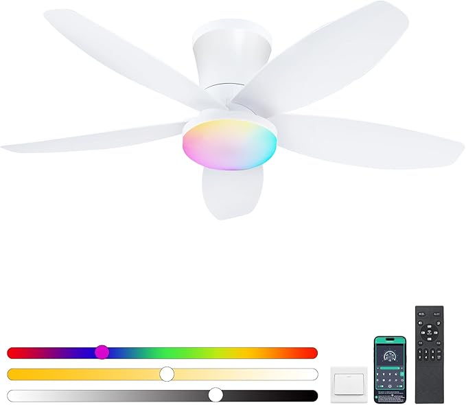 Flush Mount RGB Ceiling Fans with Lights-36 Low Profile Ceiling Fan with Light and Remote/APP Control,DC Reversible,LED Dimmable Ceiling Fans for Bedroom,Indoor/Outdoor Patio Use(White)
