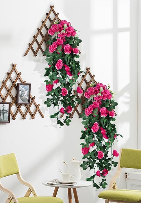 RECUTMS Artificial Rose 4Packs Fake Hanging Flower Faux Ivy Vine Plants for Home Window Garden Office Patio Planter Pathway Front Porch (Rose Red)
