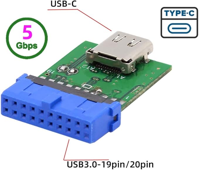 CY USB 3.1 Type C to USB 3.0 Motherboard Adapter, 19/20 Pin Header, 5Gbps, Green